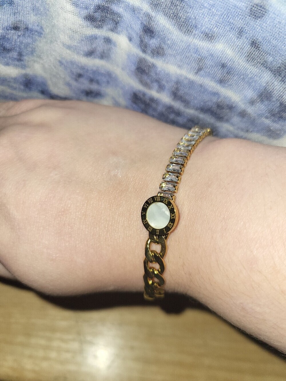 Gold Tone Mother of Pearl Roman Numeral Watch Dial Tennis Chain Bracelet